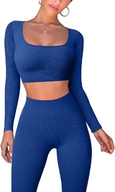 OQQ Workout Outfits for Women 2 Piece Ribbed Exercise Long Sleeve Tops High Waist Leggings Active... | Amazon (US)