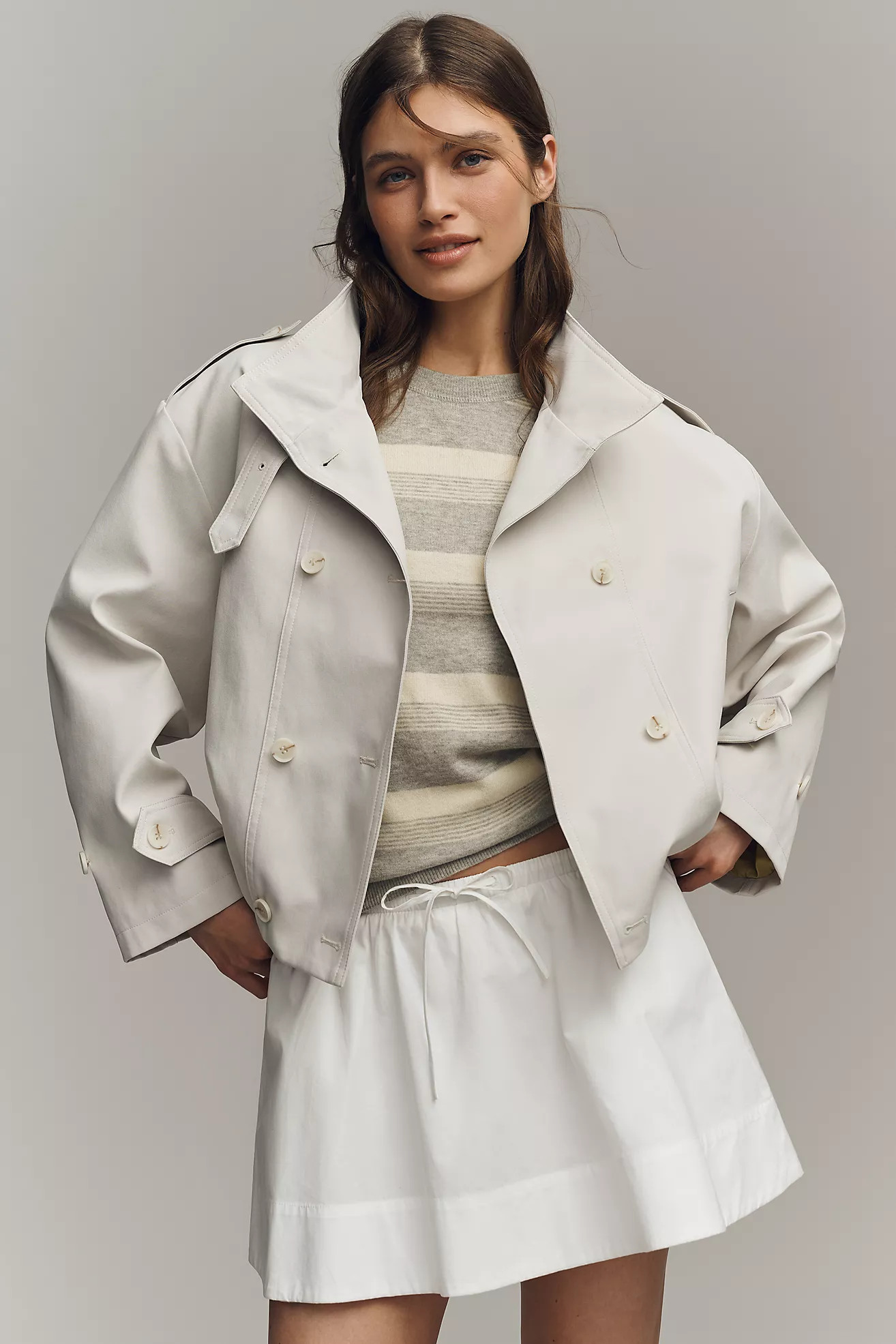 Maeve Retta Funnel Neck Double Breasted Short Trench Coat | Anthropologie (US)