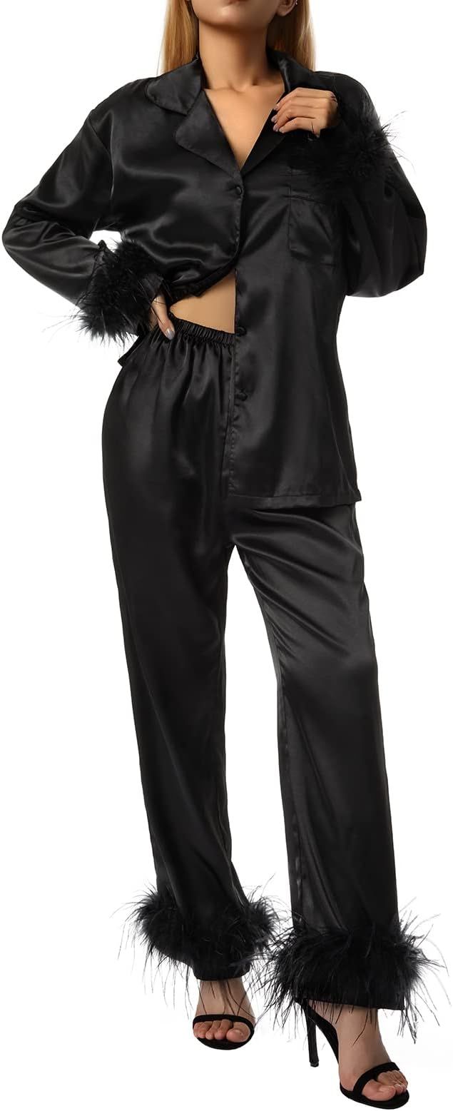 BHGHB Womens Silk Satin Pajamas Loungewear Feather Decoration Two-piece Sleepwear Lapel Button-Do... | Amazon (US)