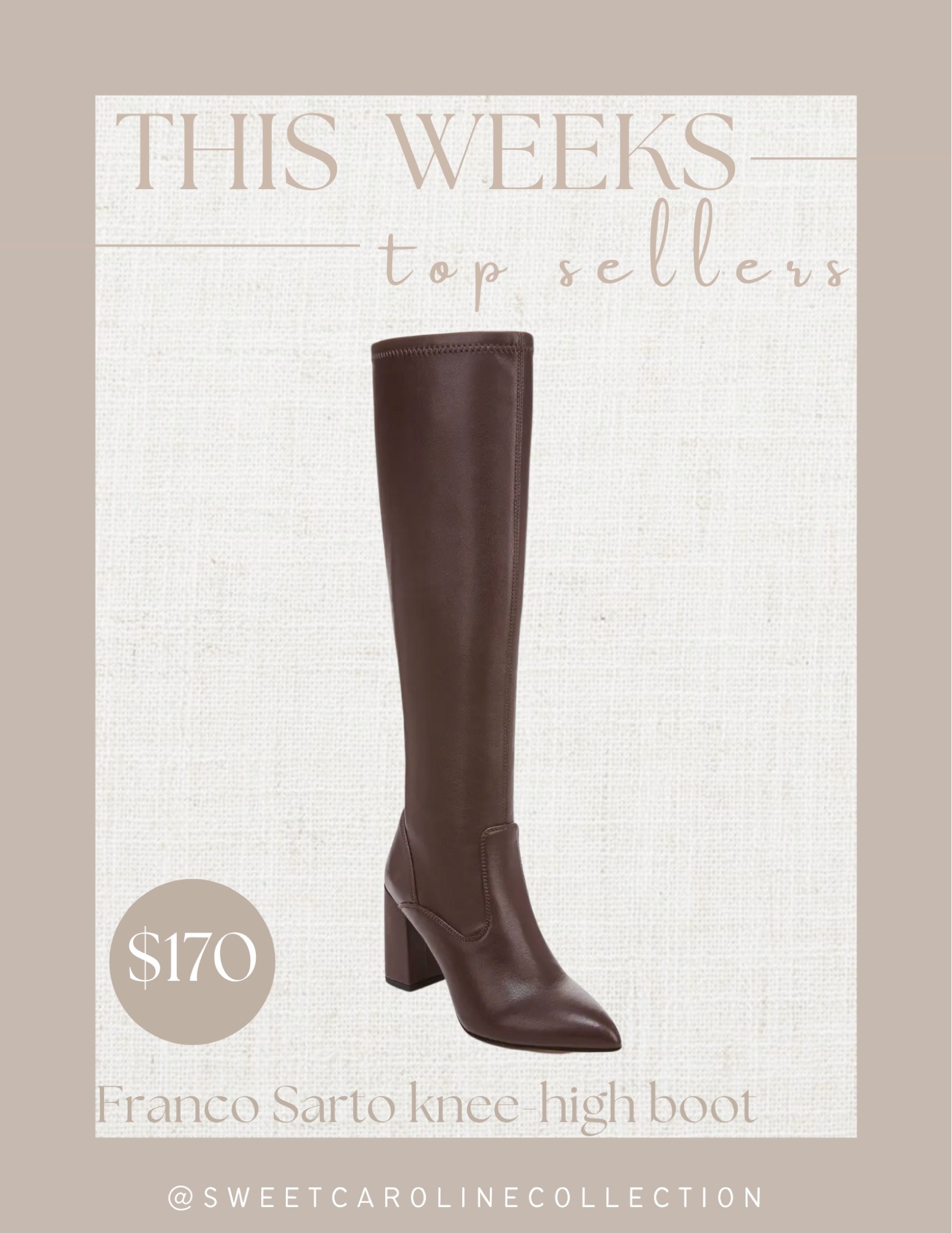This weeks top sellers!

1. Franco Sarto knee-high brown boot 👢

Top seller, best seller, Nordstrom, boots, brown boot, Franco sarto, must have, tall boot, style, fall fashion, sweet Caroline collection

#LTKSeasonal #LTKshoecrush