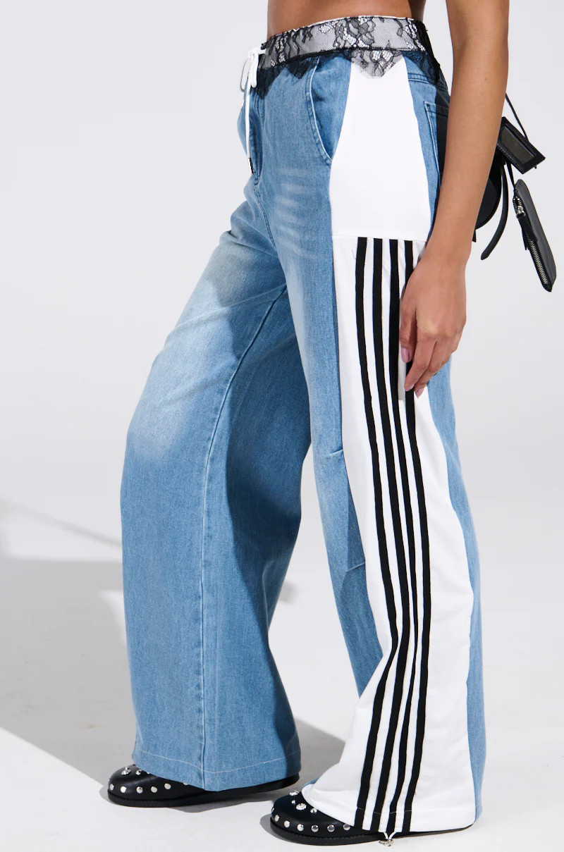 SPORTY AND SWEET LIGHT WASH DENIM TRACK PANTS | AKIRA