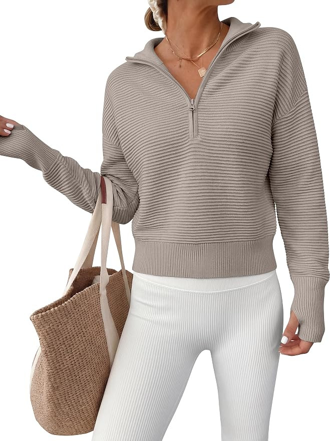 ANRABESS Womens Long Sleeve Quarter Zip Cropped Sweater | Amazon (US)
