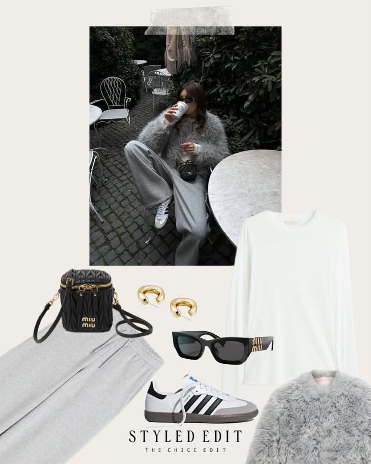 Shop the look 🖤 

#outfit #miumiu #ootd #adidas #dupe earrings hoops joggers shirt fluffy jacket sunglasses 

#LTKootd #LTKOver40 #LTKTravel