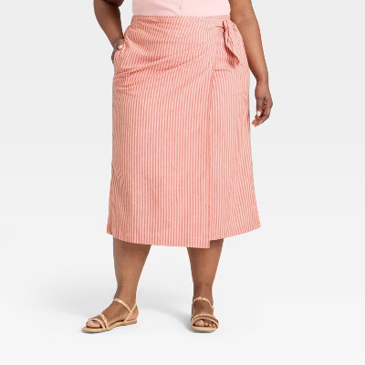Women's Midi Wrap Skirt - Universal Thread™ Pink/Orange Striped 1X | Target