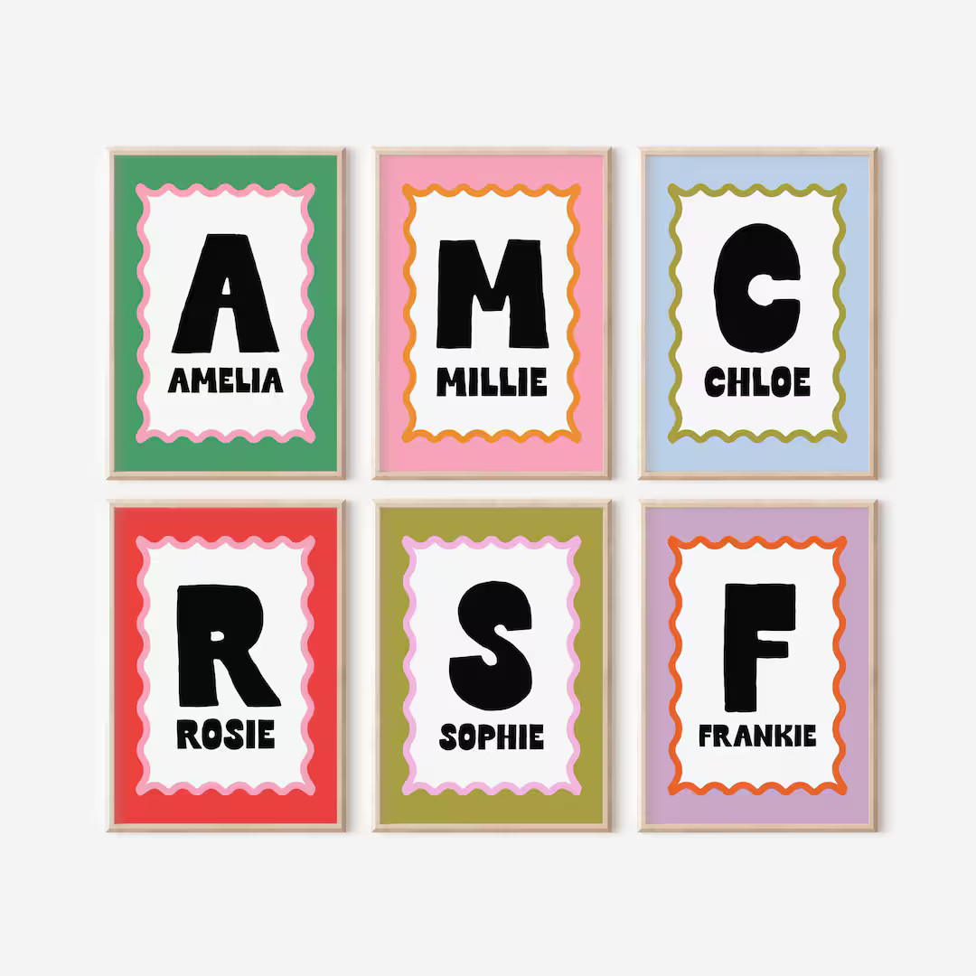 Personalized Quirky Wavy Colorful Name Digital Print, Nursery Name Sign, Retro Scalloped Letter W... | Etsy (US)