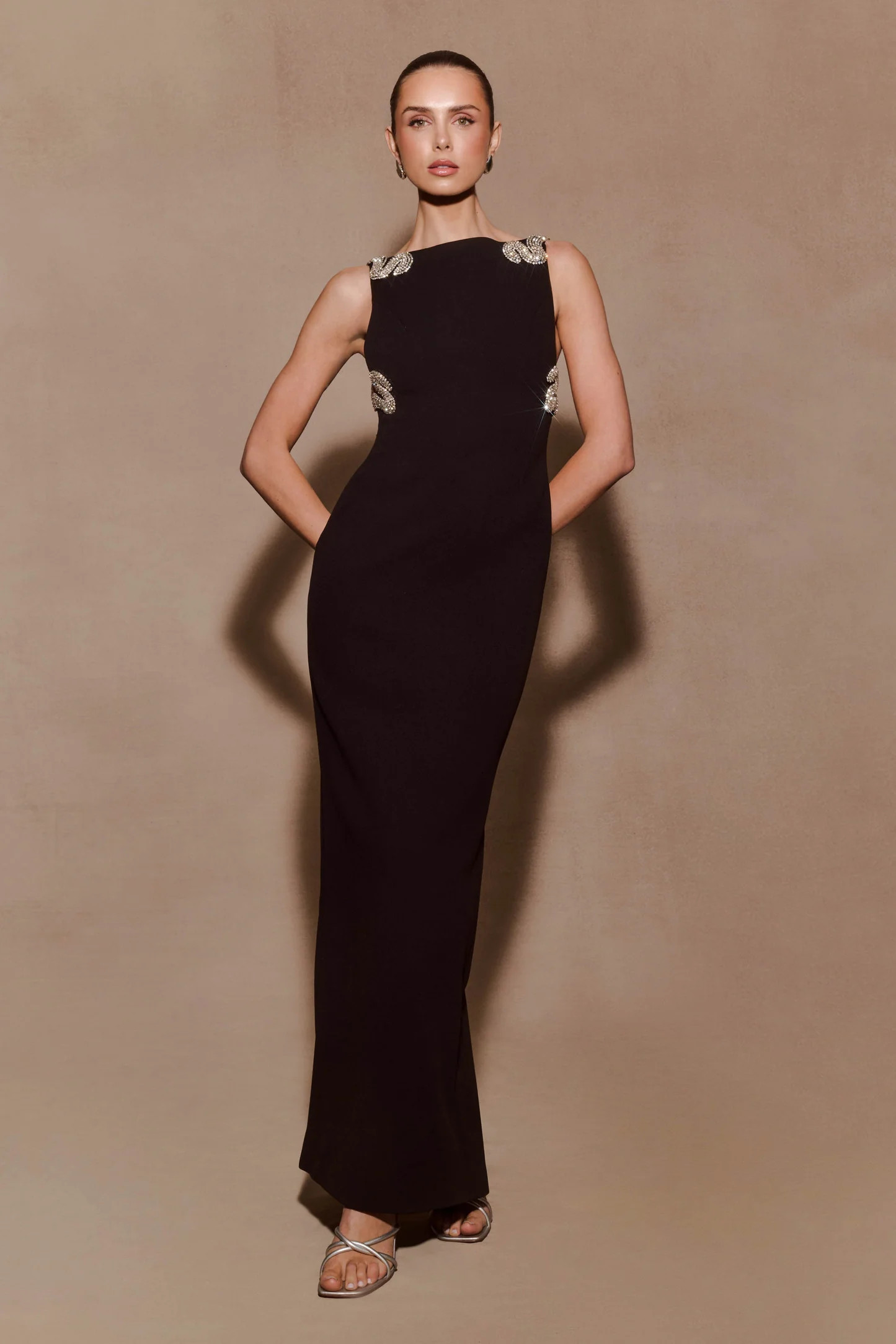 Lorde Embellished Crepe Maxi Dress - Black | MESHKI US