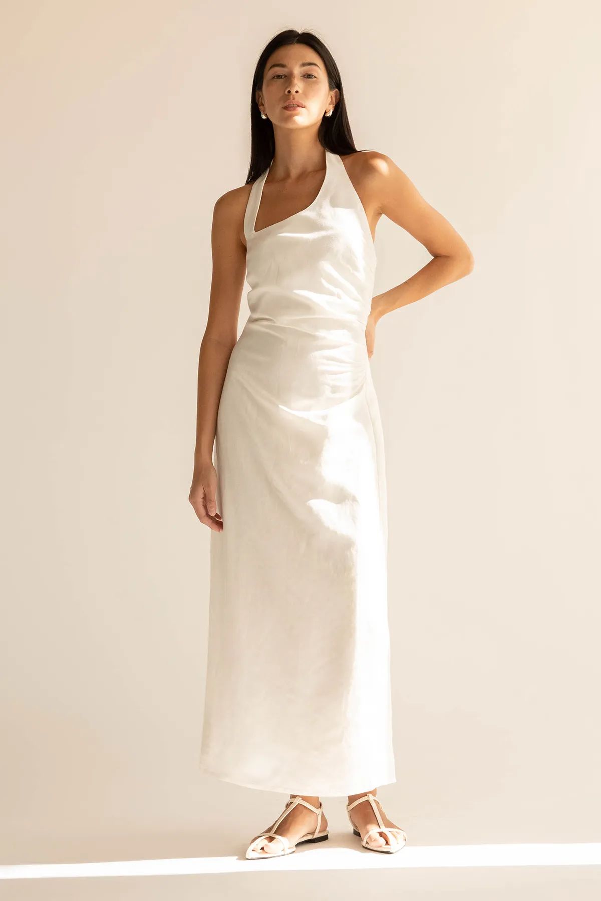 LINEN BLEND ASYMMETRIC HALTER MAXI DRESS | OAK + FORT