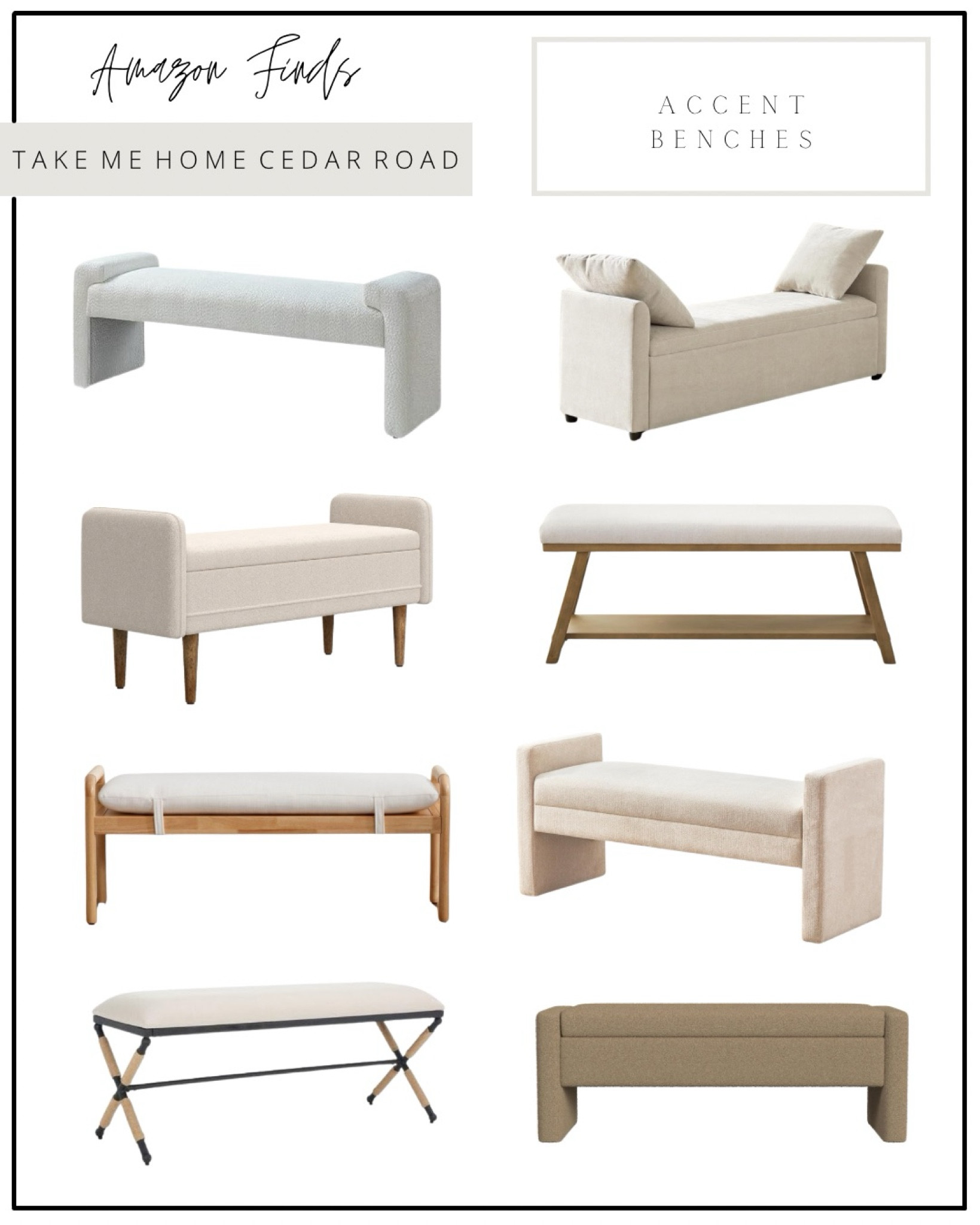 AMAZON FINDS ACCENT BENCHES 

how pretty are all of these? Great for end of bed! 

Upholstered bench, entryway bench, end of bed bench, wood bench, amazon home, Amazon finds 

#LTKFindsUnder100 #LTKHome #LTKSaleAlert