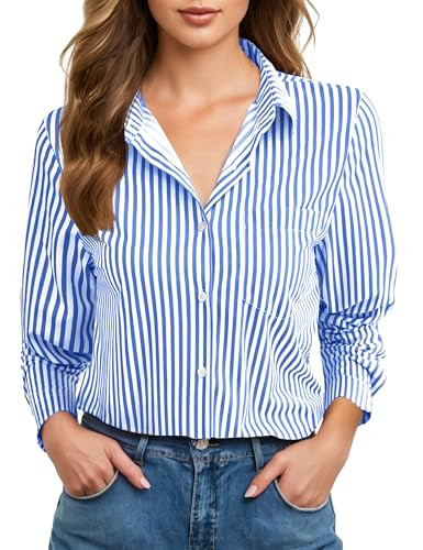 Striped Button Down Shirts for Women Dress Long Sleeve Collared Office Work Shirt with Pocket Business Casual Outfits Blouse Tops Up Blouses Oversized & Button-Down Dressy White and Blue S05 M | Amazon (US)