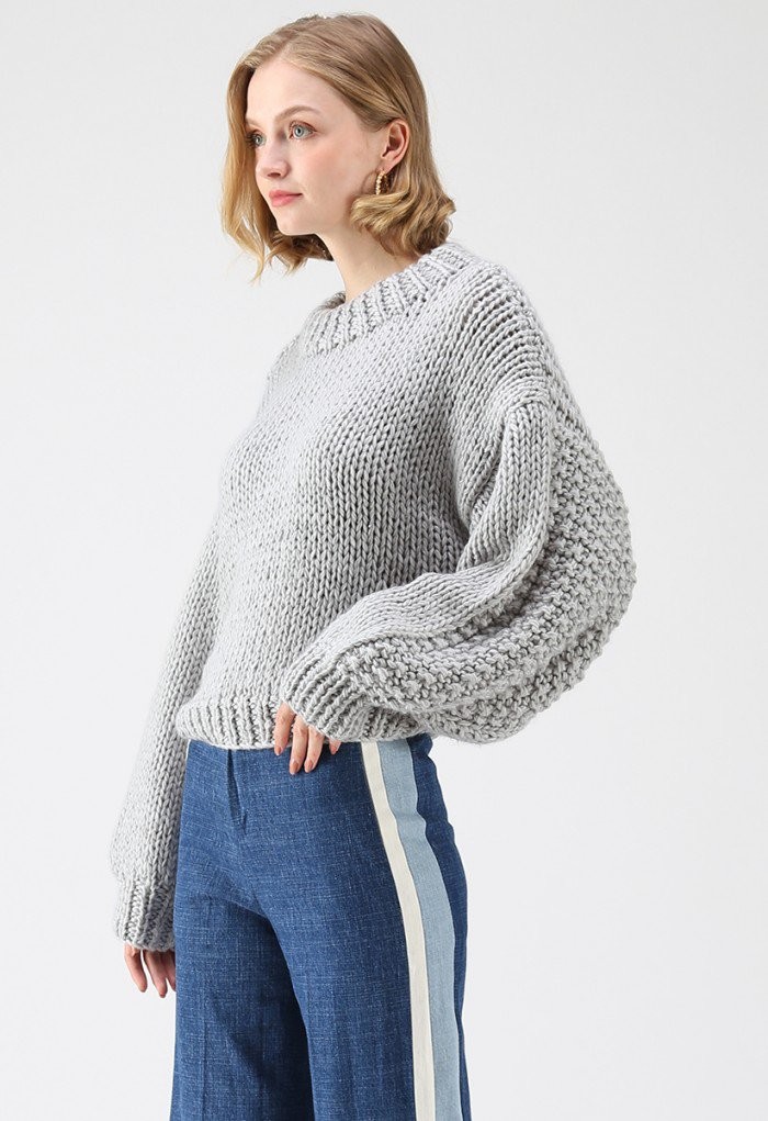 Chunky Chunky Puff Sleeves Cropped Sweater in Grey | Chicwish