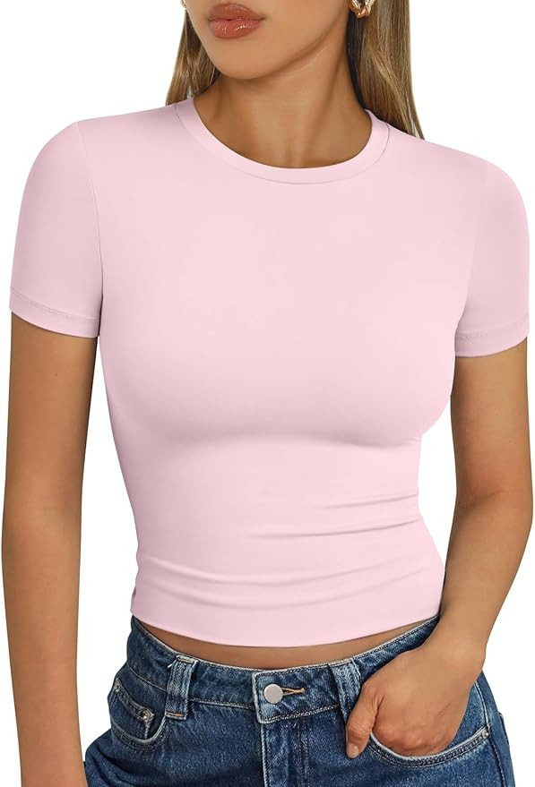 Trendy Queen Womens Short Sleeve T Shirts - Buttery Soft Summer Crop Tops Slim Fit Y2k Basic Tees... | Amazon (US)