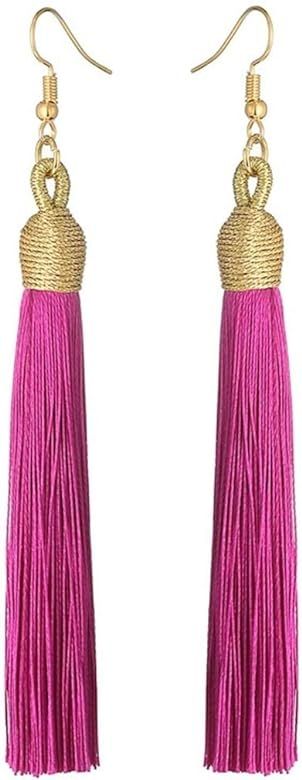 KLFrogPond Boho Thread Long Tassel Dangle Drop Colorful Fringe Earrings Silk Fabric Ethnic Vintage C | Amazon (US)