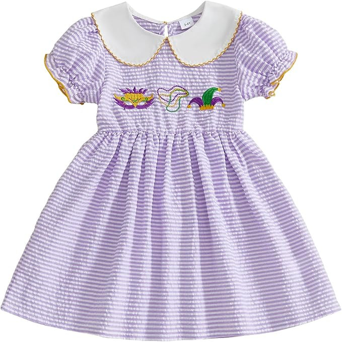 Hedovan Toddler Baby Girl Mardi Gras Outfit Short Sleeve Cute Purple Dresses Mask Embroidery Dres... | Amazon (US)