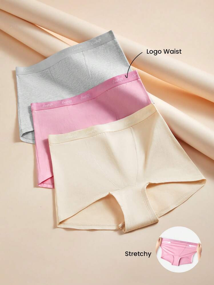 LUVLETTE 3-Pack Women Underwear Plus Comfortable Airy Basic Cotton Logo High-Rise Boyshorts Women Boxers Lingerie As Outerwear Also Suitable For Teen Girl & Young & Kid | SHEIN