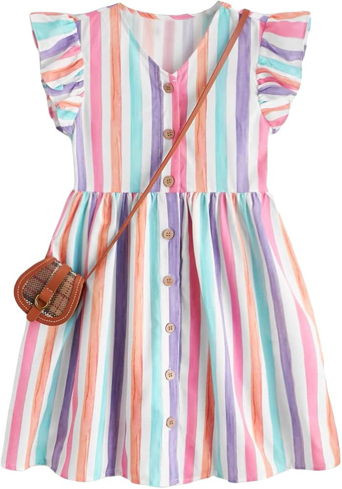 SHENHE Girl's Cute Striped V Neck Button Up Ruffle Cap Sleeve A Line Mini Dresses | Amazon (US)