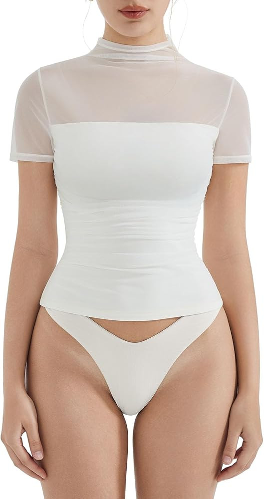 SUUKSESS Women Sexy Mesh Sheer Short Sleeve Tops Mock Neck Ruched Going Out Shirts | Amazon (US)