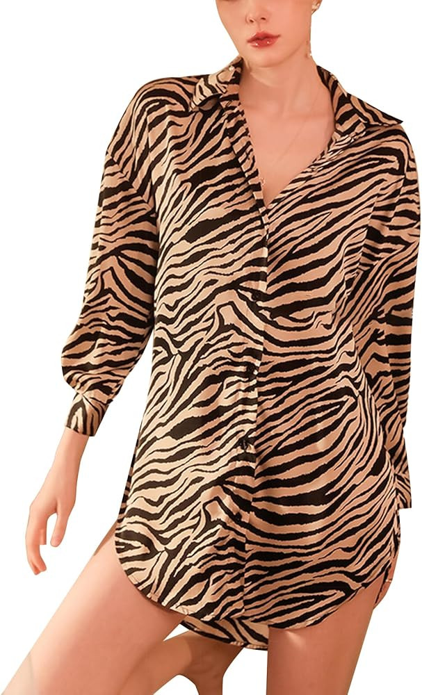 LYANER Women's Silk Button Down Night Shirt Long Sleeve Split Boyfriend Mini Sleepshirt Nightdres... | Amazon (US)