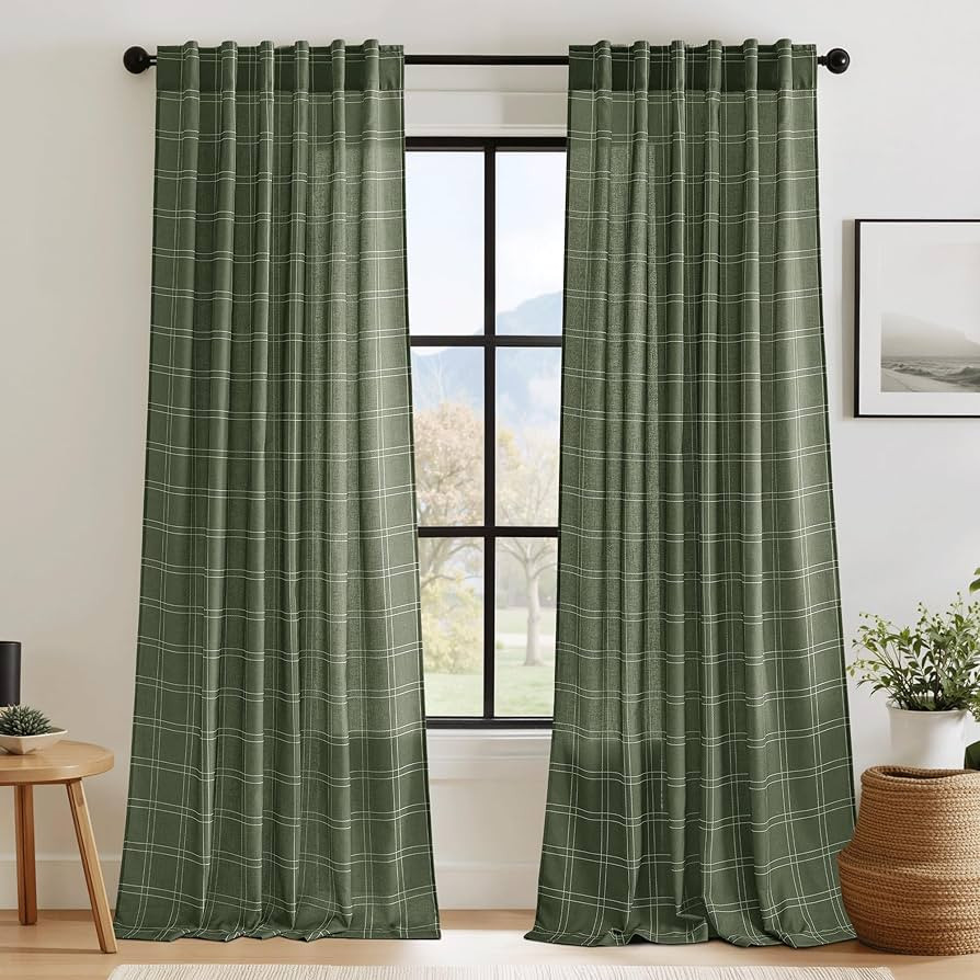 RYB HOME Olive Green Curtains 96 Inches Long, Linen Blend Soft Light Filtering Gingham Curtains F... | Amazon (US)