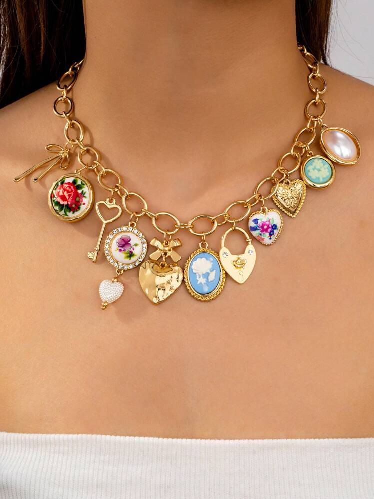 1pc Vintage Multi Charm Heart Chunky Chain Necklace, Retro Statement Jewelry For Women (Handmade, Slight Variation In Pattern) | SHEIN