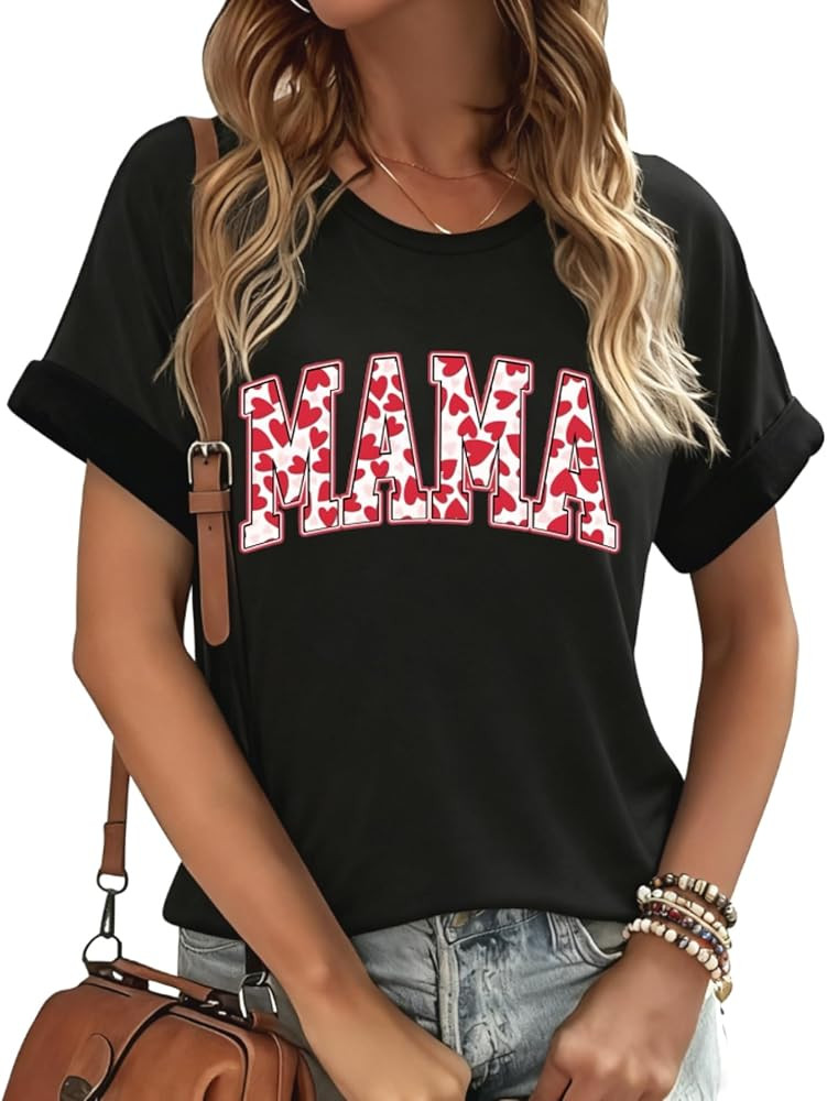 Mama Shirt for Women Mama Letter Print T-Shirt Funny Graphic Tee Shirts Casual Short Sleeve Mom L... | Amazon (US)