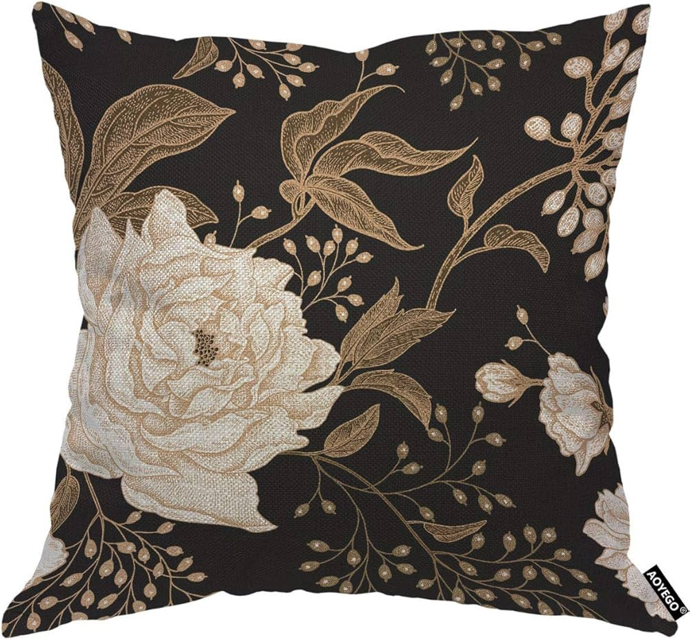 AOYEGO Peonies and Roses Throw Pillow Cover Gold and White Flower Leaves Foliage Berries Oriental... | Amazon (US)