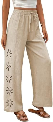 EVALESS Womens Beach Pants Summer Boho Drawstring Elastic Waist Hollow Out Textured Wide Leg Vaca... | Amazon (US)