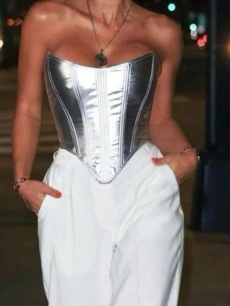 NewWomen Metallic Strapless Corset Top – Sleek Structured Design | SHEIN