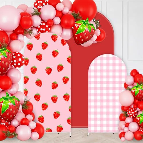 JarThenaAMCS 3 Pcs Strawberry Theme Arch Backdrop Covers Pink Plaid Arch Stand Fabric Cover for B... | Amazon (US)