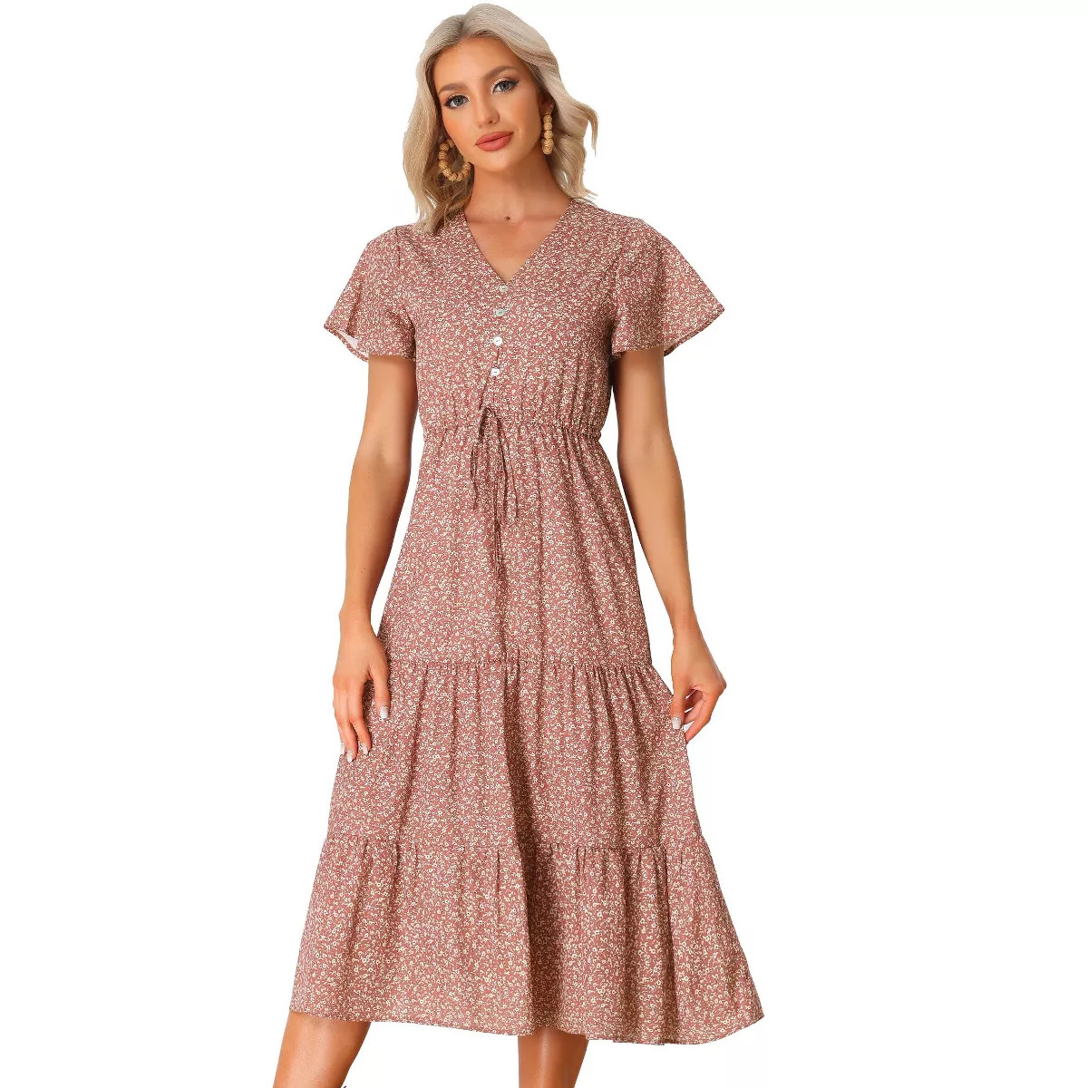 Allegra K Women's Summer Boho Casual Short Sleeve V Neck Tiered Floral Midi Dresses | Target