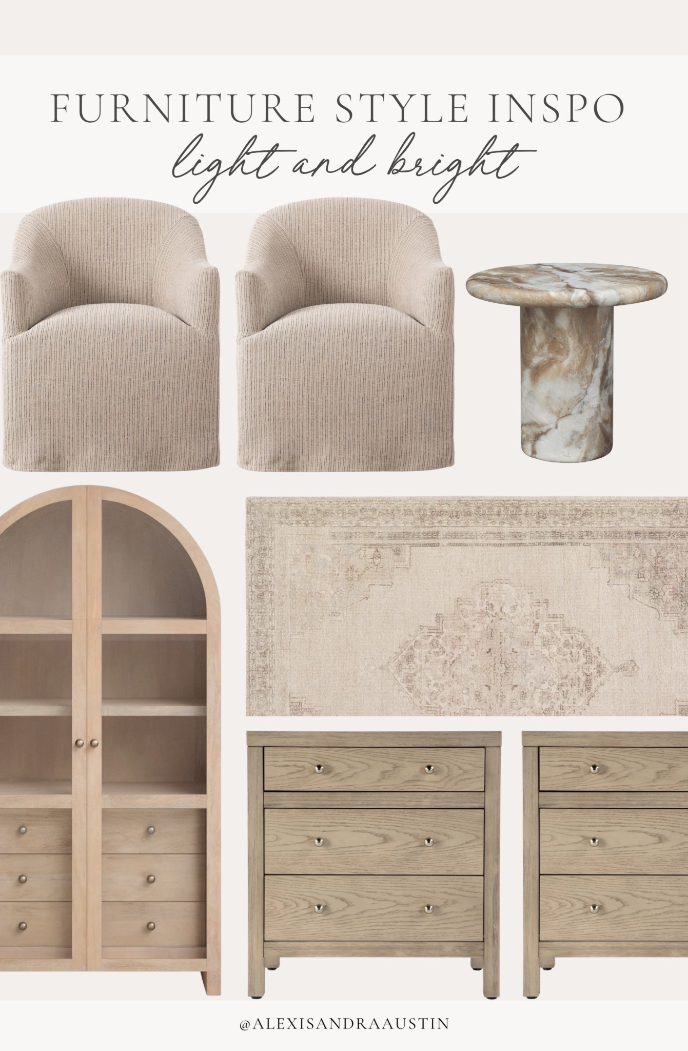 Light and bright furniture inspo! Loving these airy looks for a neutral spring refresh.

Home finds, neutral home inspo, furniture favorites, neutral wood tones, spring refresh, nightstand details, accent chair, neutral area rug, accent table, marble detail, arch cabinet, Wayfair, Four Hands, Kathy Kuo home, living room refresh, shop the look!

#LTKSeasonal #LTKHome