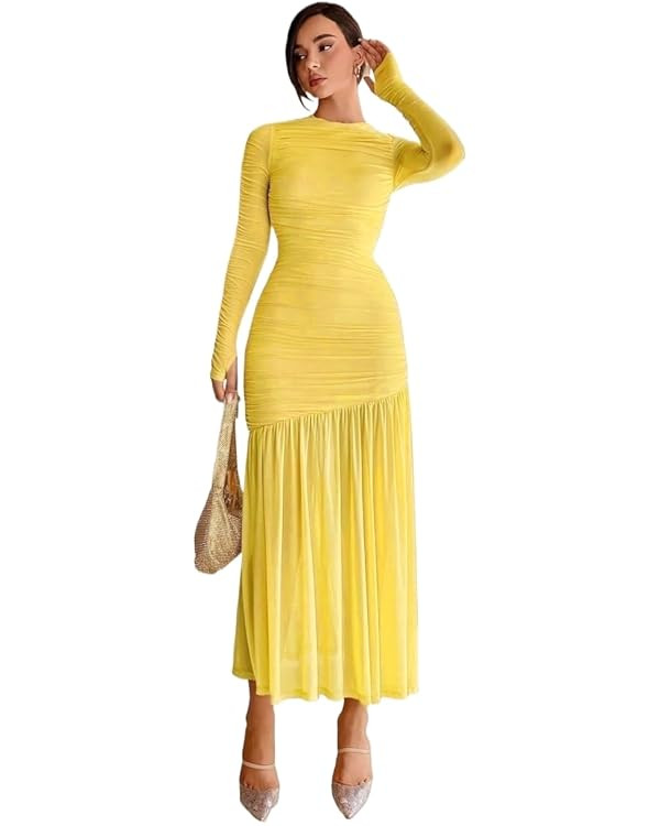 Women's Dress Long Sleeve Round Neck Pleated Ruffle Hem Long Sleeve Dress For Summer | Amazon (US)
