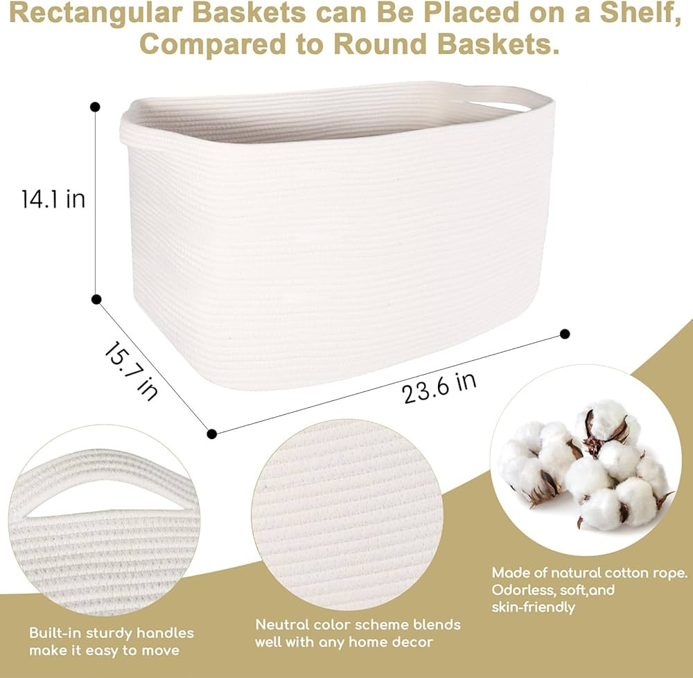 Extra Large White Storage Basket, 23.6" x 15.7" x 14.1" Rectangle Blanket Basket Living Room, Wov... | Amazon (US)