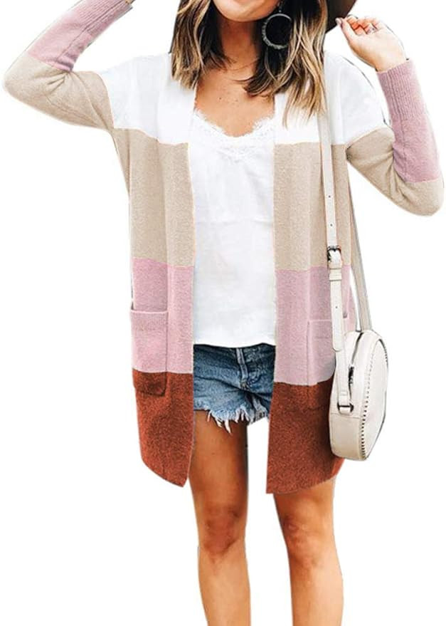 Womens Long Sleeve Casual Striped Cardigan Color Block Knit Open Front Sweater Coat | Amazon (US)