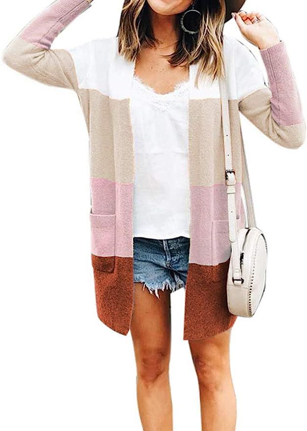 Womens Long Sleeve Casual Striped Cardigan Color Block Knit Open Front Sweater Coat | Amazon (US)