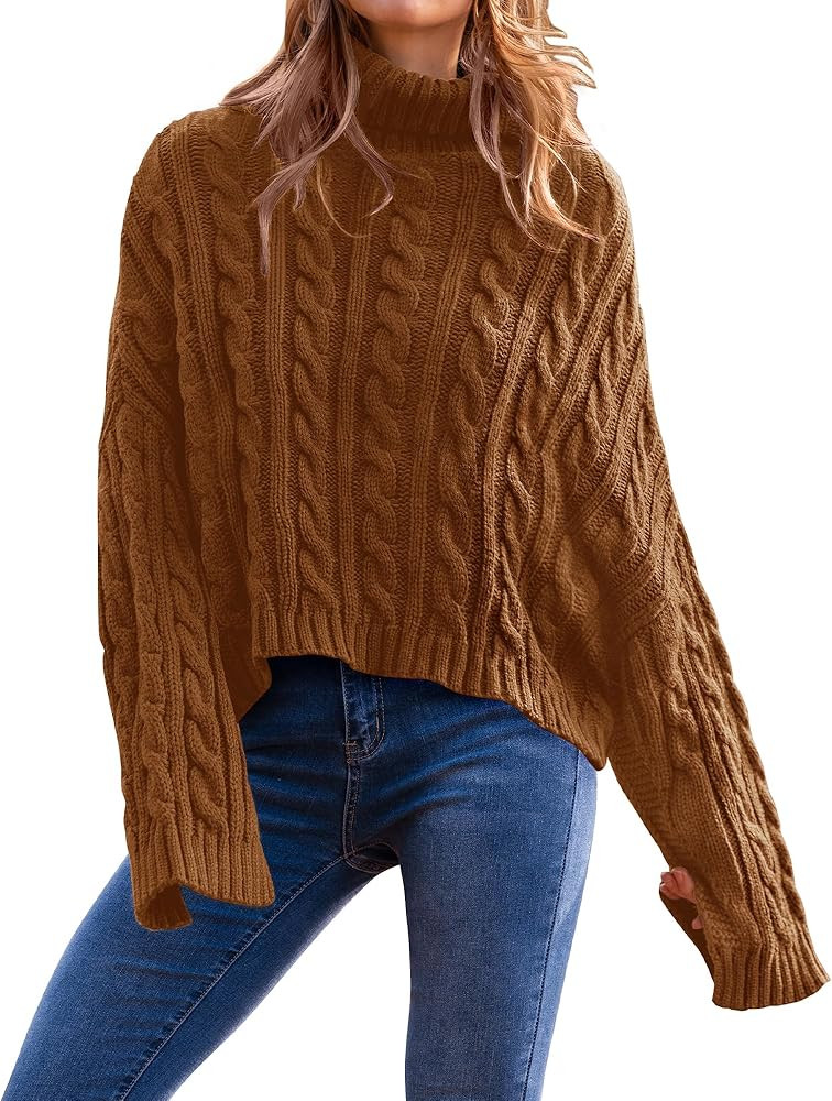 PRETTYGARDEN Women's Turtleneck Batwing Long Sleeve Crop Sweater 2024 Fall Chunky Cable Knit Cute... | Amazon (US)