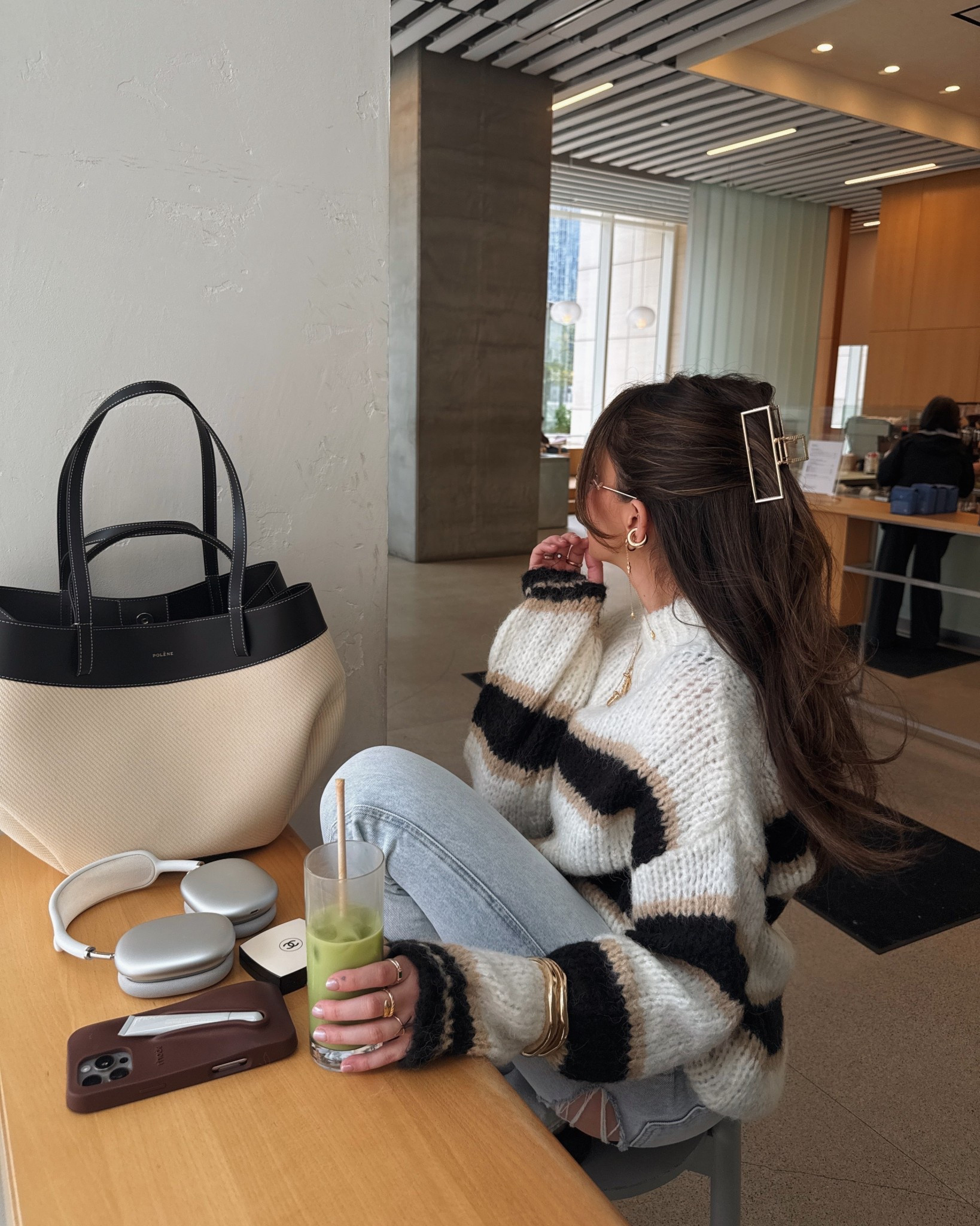 Striped revolve sweater, ripped jeans, matcha, coffee shop, polene Paris summer bag 
