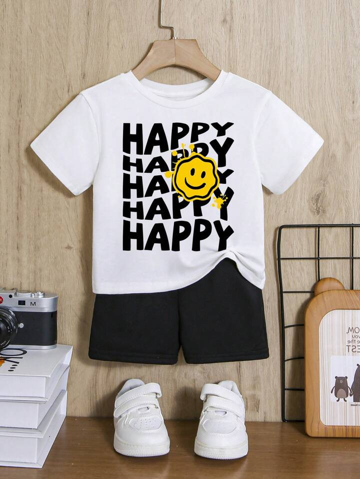 Baby Boy Casual Letter Smile Face Print Short Sleeve T-Shirt And Shorts Set, Suitable For Spring ... | SHEIN
