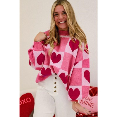 Pink Love Heart Checkered Valentine Crew Neck Sweater | Target