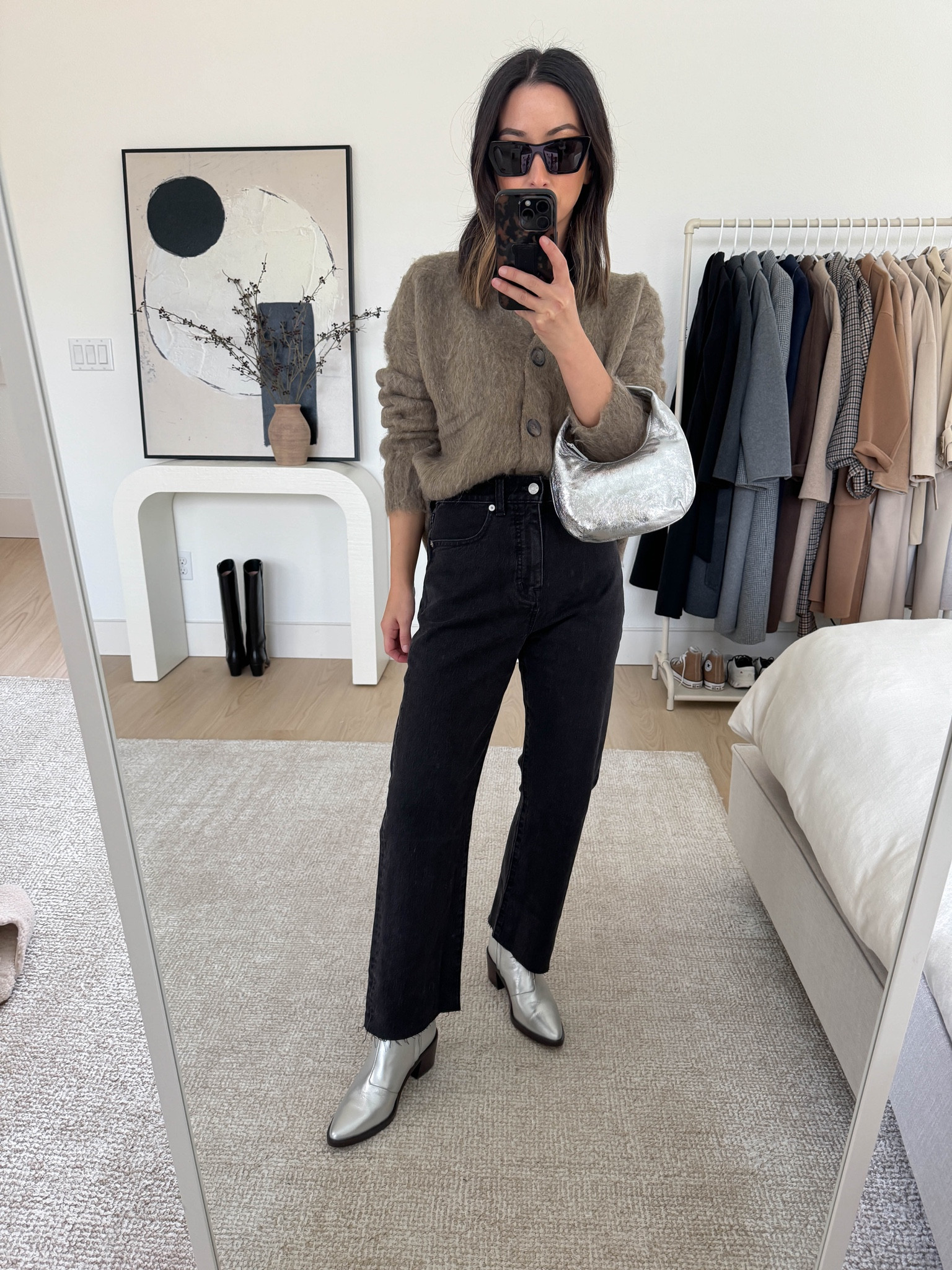 Madewell brushed cardigan. This is so soft and comfy! Love that it can be dressed up. Runs oversized and boxy. You can size down. These jeans are amazing! I got the regular inseam for the higher rise and cut them. I also sized up! 

Madewelll sweater xs
Madewell jeans 25
Madewell boots 5
Madewell bag 

#LTKCyberWeek #LTKSeasonal #LTKsalealert