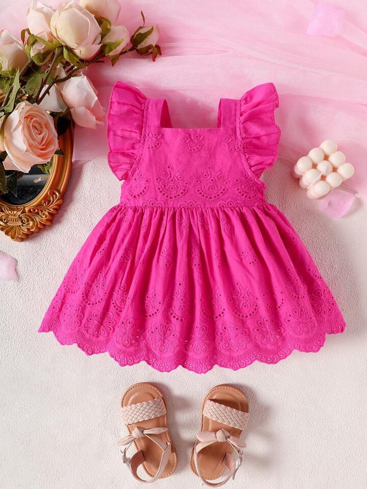 SHEIN Baby Girl Summer Square Collar Short Flutter Sleeve Burn-Out Floral Embroidery Cute Dress | SHEIN