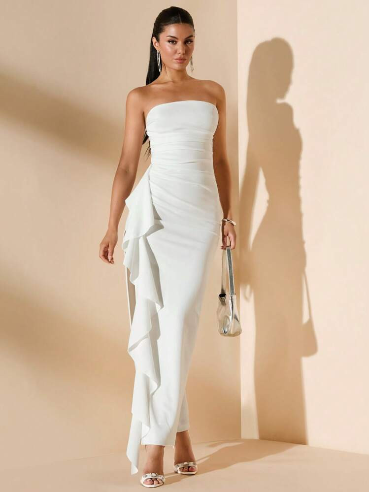 SHEIN BAE White Strapless High Split Flouncing Dress For Bridesmaids, Wedding Party, Sleeveless, Wrap Design, High Slit | SHEIN