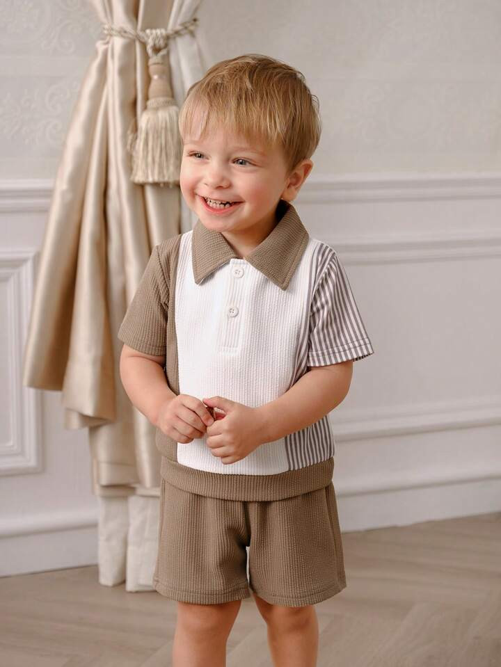 Souflis Baby Boys' Spring/Summer Casual Color Block Texture Comfortable Top And Shorts Set, Versa... | SHEIN