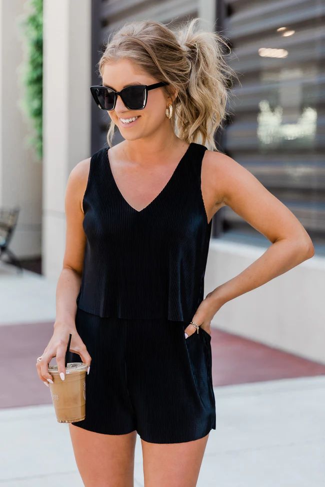 LIVING MY BEST STYLE X PINK LILY Chasing Cities Black Pleated Romper | The Pink Lily Boutique