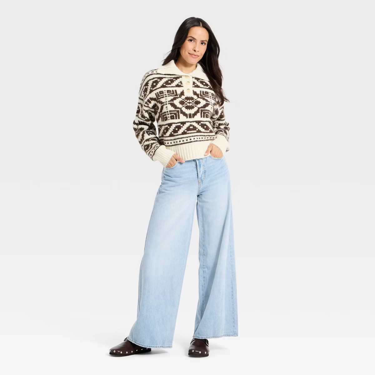 Women's Fairisle Henley Shawl Sweater - Universal Thread™ | Target