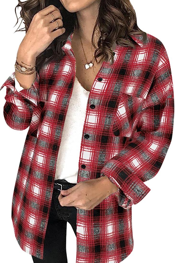 Womens Plaid Shirts Flannel Lapel Button Down Long Sleeve Shacket Jacket Loose Blouse Tops | Amazon (US)