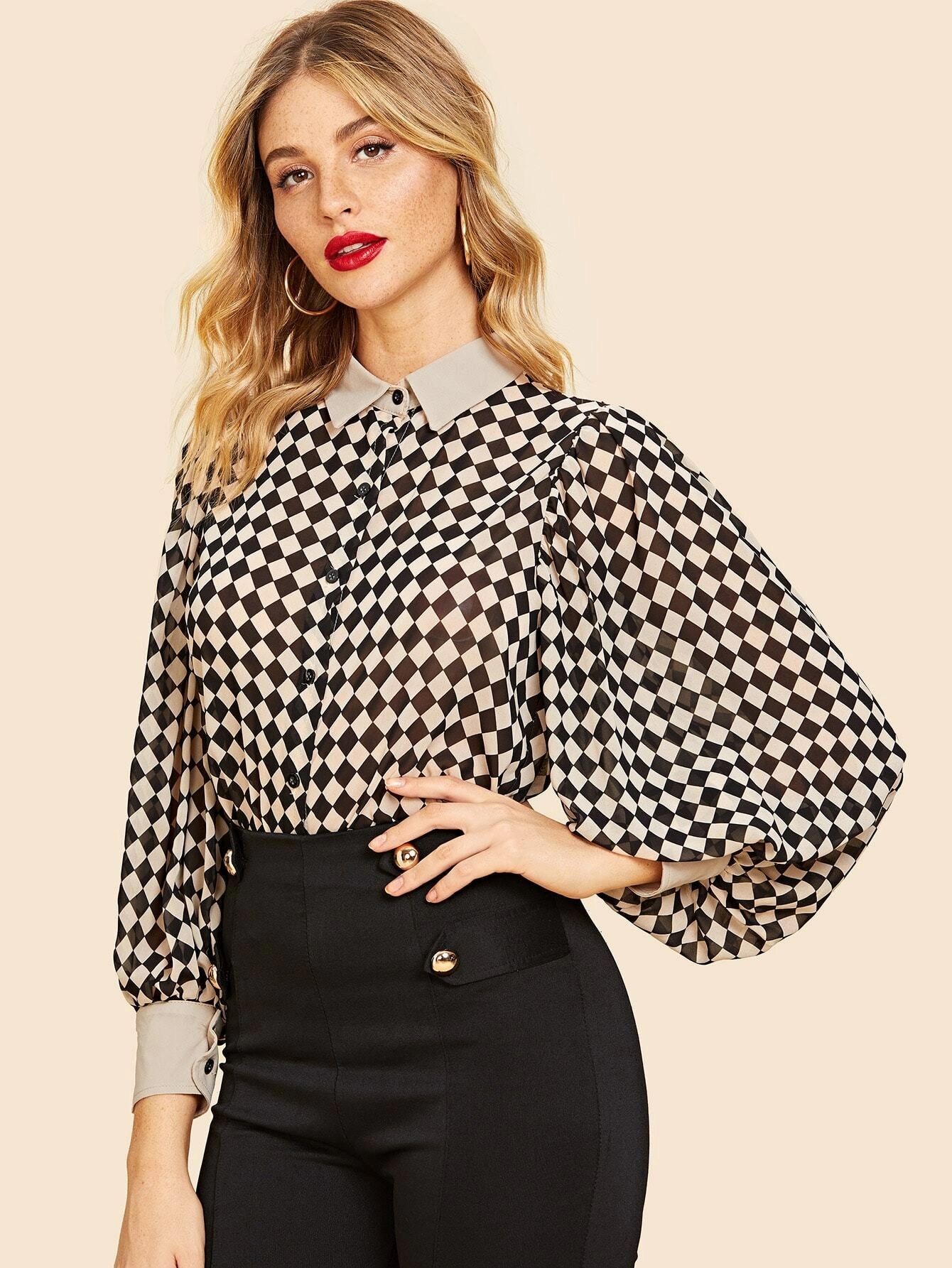 70s Bishop Sleeve Checkerboard Blouse | SHEIN