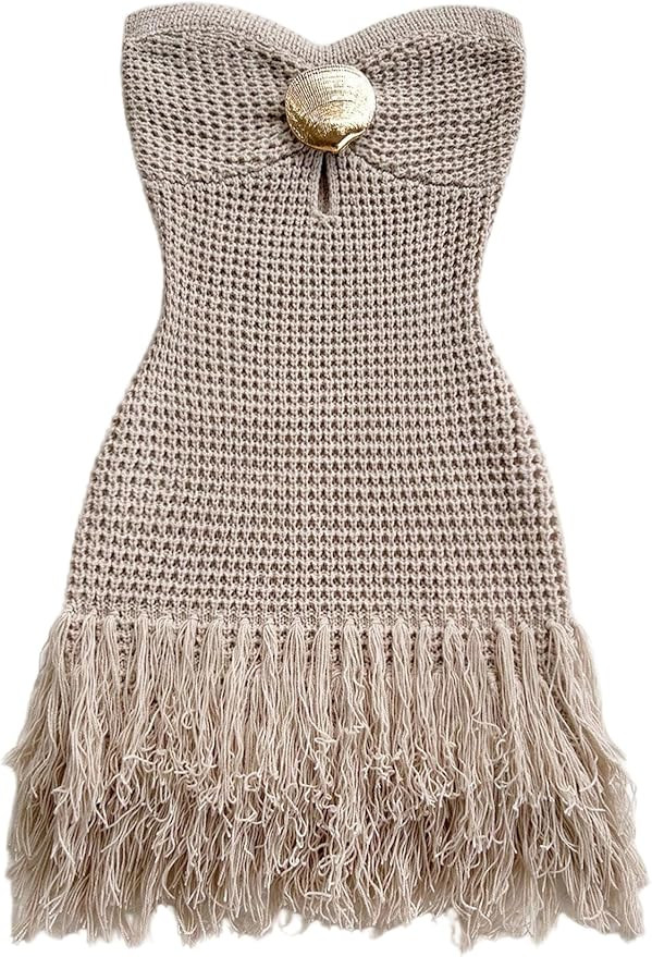 SweatyRocks Women's Boho Summer Vacation Strapless Crochet FringeTube Top Mini Dress | Amazon (US)