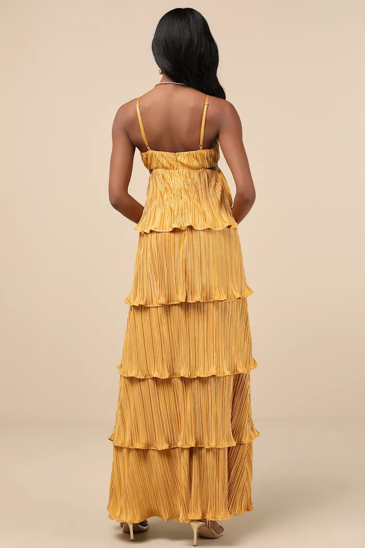 Kanya Marigold Yellow Satin Plisse Tiered Maxi Dress | Lulus