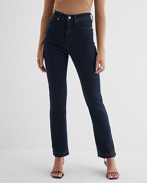 Super High Waisted Dark Wash Raw Hem '90s Slim Jeans | Express