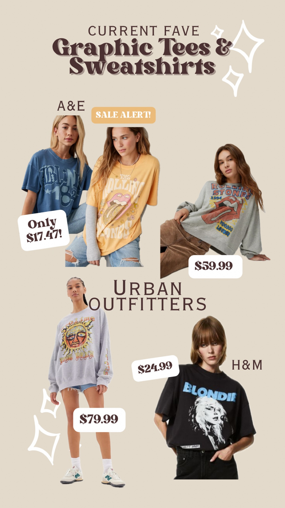 American Eagle Graphic Ts are oversized, so I wear a size XS/S. For the Rolling Stones and Sublime sweatshirt, I wear a size small, as well as for the Blondie shirt. I’m normally a S/M in tops. ✨🫶🏼